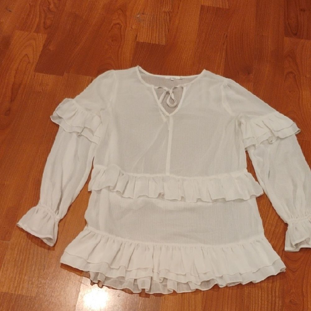 Tularosa Sheer Cream Blouse with Ruffle Trim